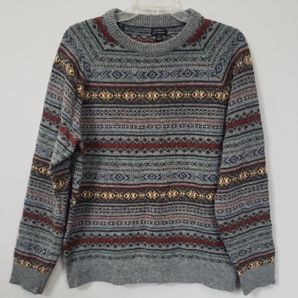 J. Crew Gray Fair Isle Sweater Men's M Lambswool Multicolor Stripe Crewneck